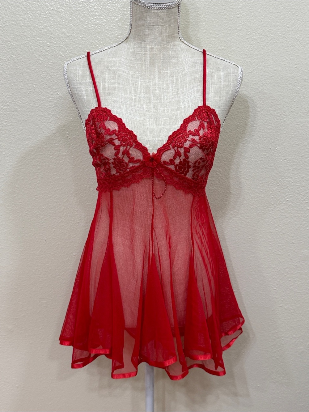 Shirley of Hollywood Red Lace Mesh Babydoll Chemise Women Intimates Size Medium